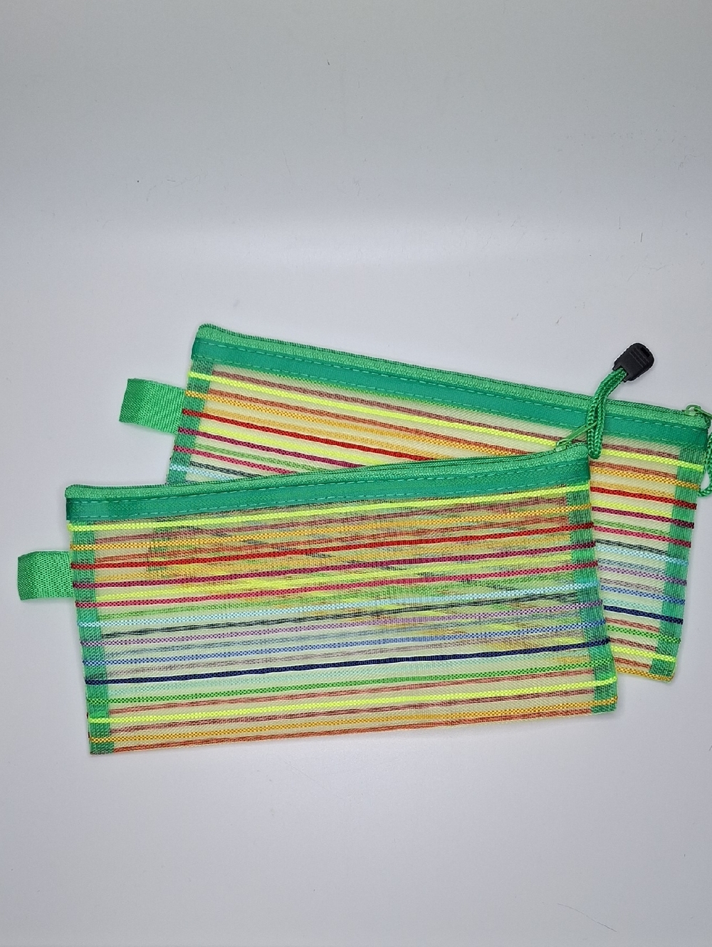 Striped Neon Green Mesh Double Zipper Pouch